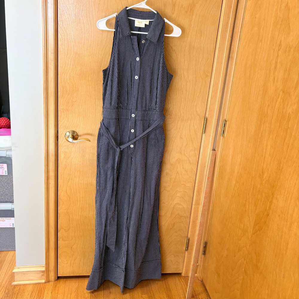 Maeve Jumpsuit Women 8 Navy Pinstripe Wide Leg Belted Anthropologie
